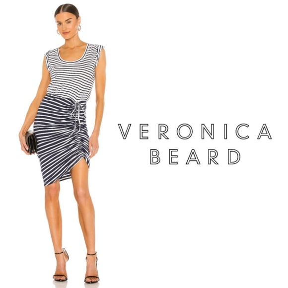 Veronica Beard Pima Ruched Mini Dress Navy Blue + White Striped - Size Small - Picture 1 of 13